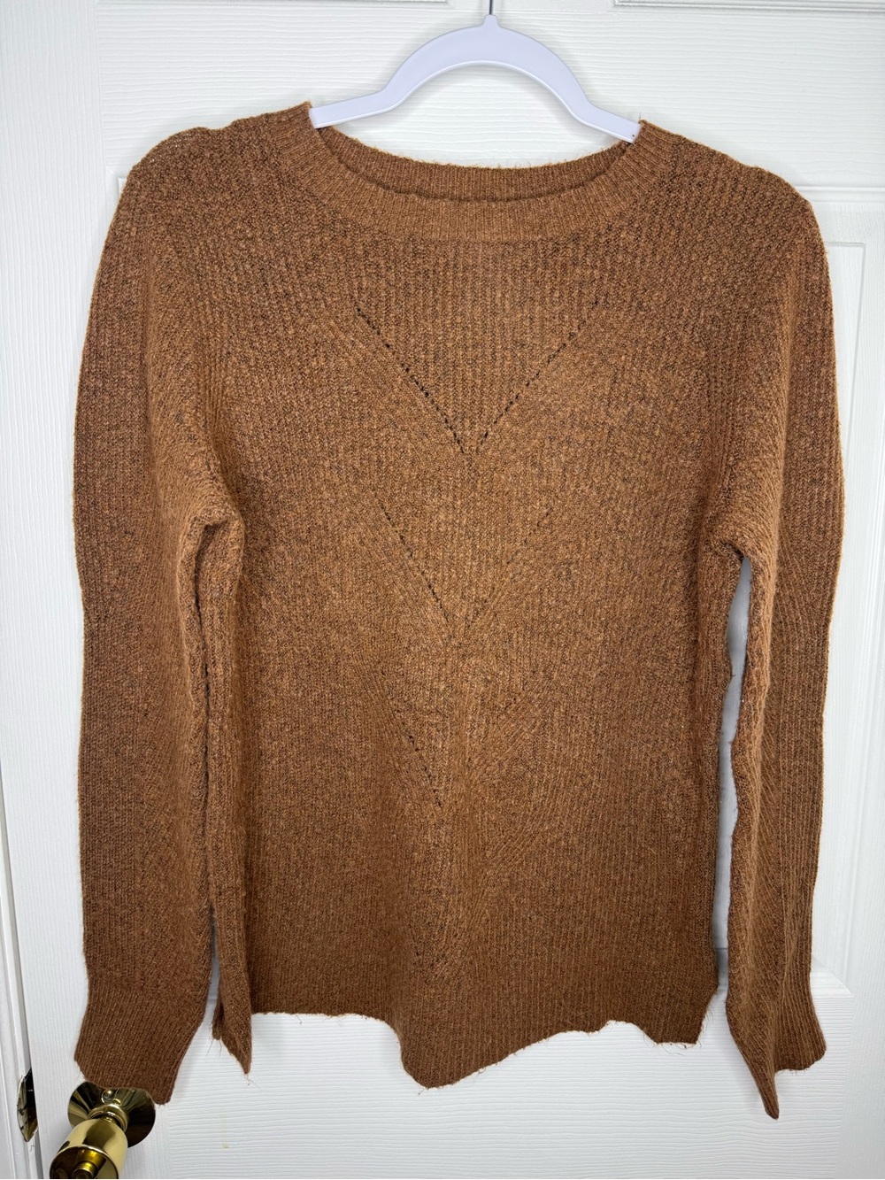 LOFT Brown Camel Knit Sweater Size M Crewneck Ribbed Hem Cozy Fall